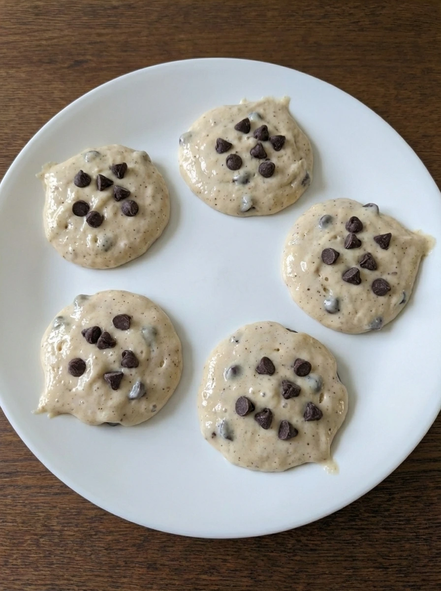 Raw portions of chocolate chip pancake batter arranged on a white plate