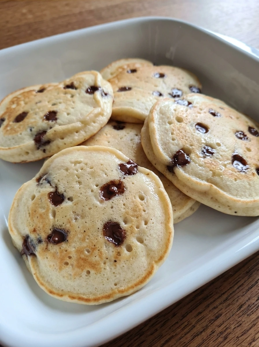 Chocolate chip pancakes softly set with melting chocolate