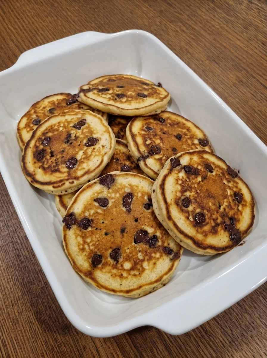 Chocolate chip pancakes browned golden with melted chocolate