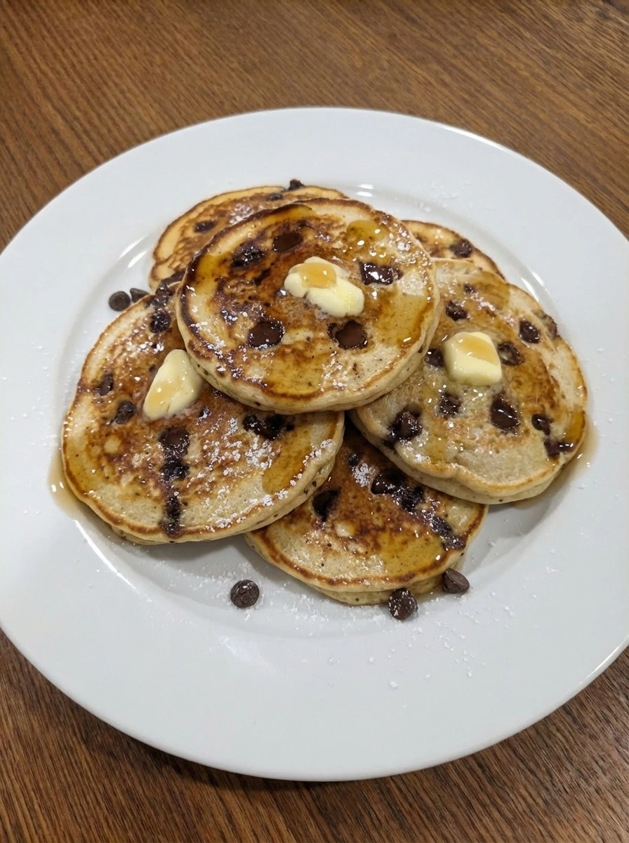 Plated Chocolate Chip Pancakes with melted butter and maple syrup