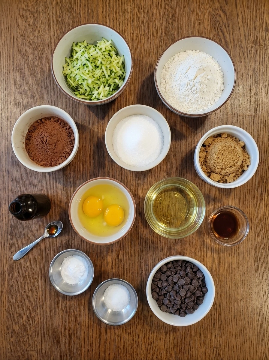 ingredients for chocolate zucchini bread in separate bowls