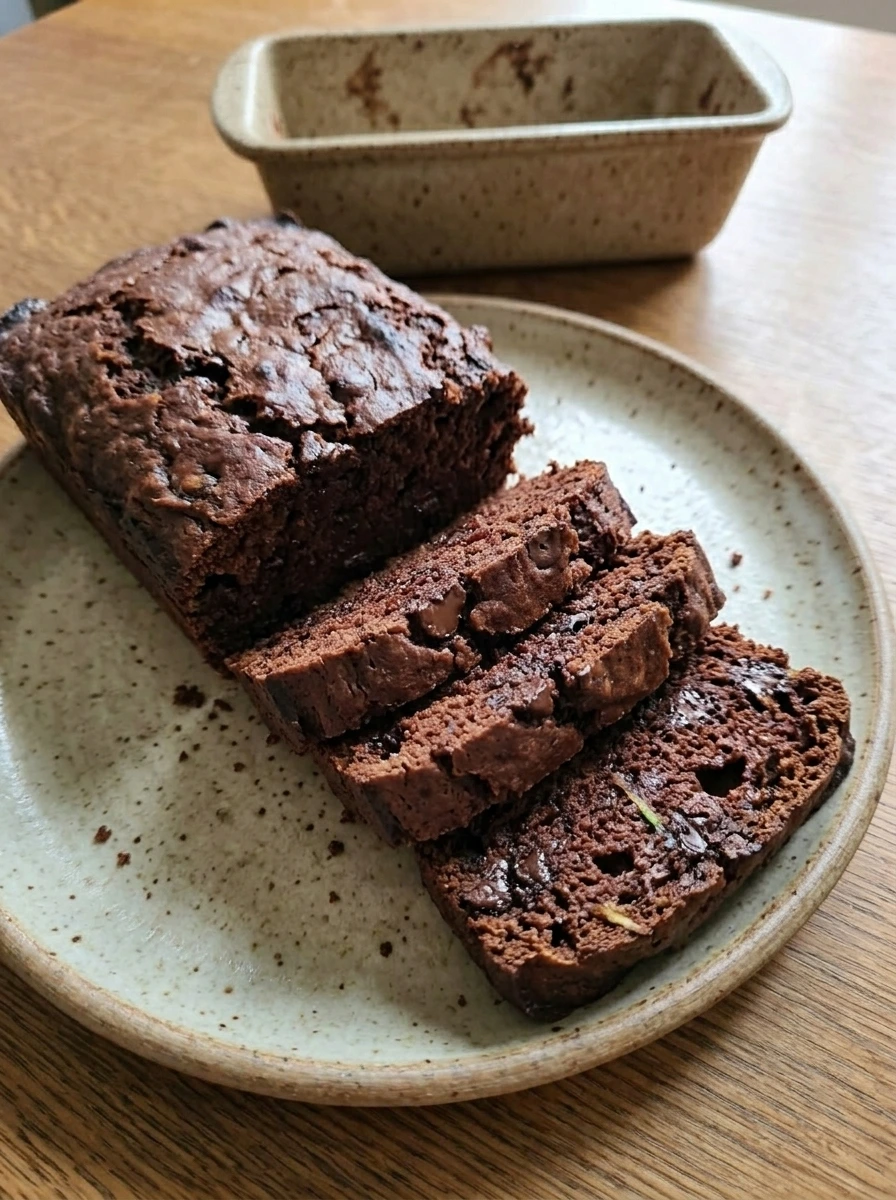 moist chocolate zucchini bread sliced with melted chocolate pockets