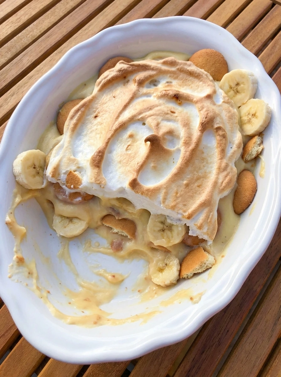 Classic Banana Pudding in a white oval serving dish with creamy layers and toasted meringue