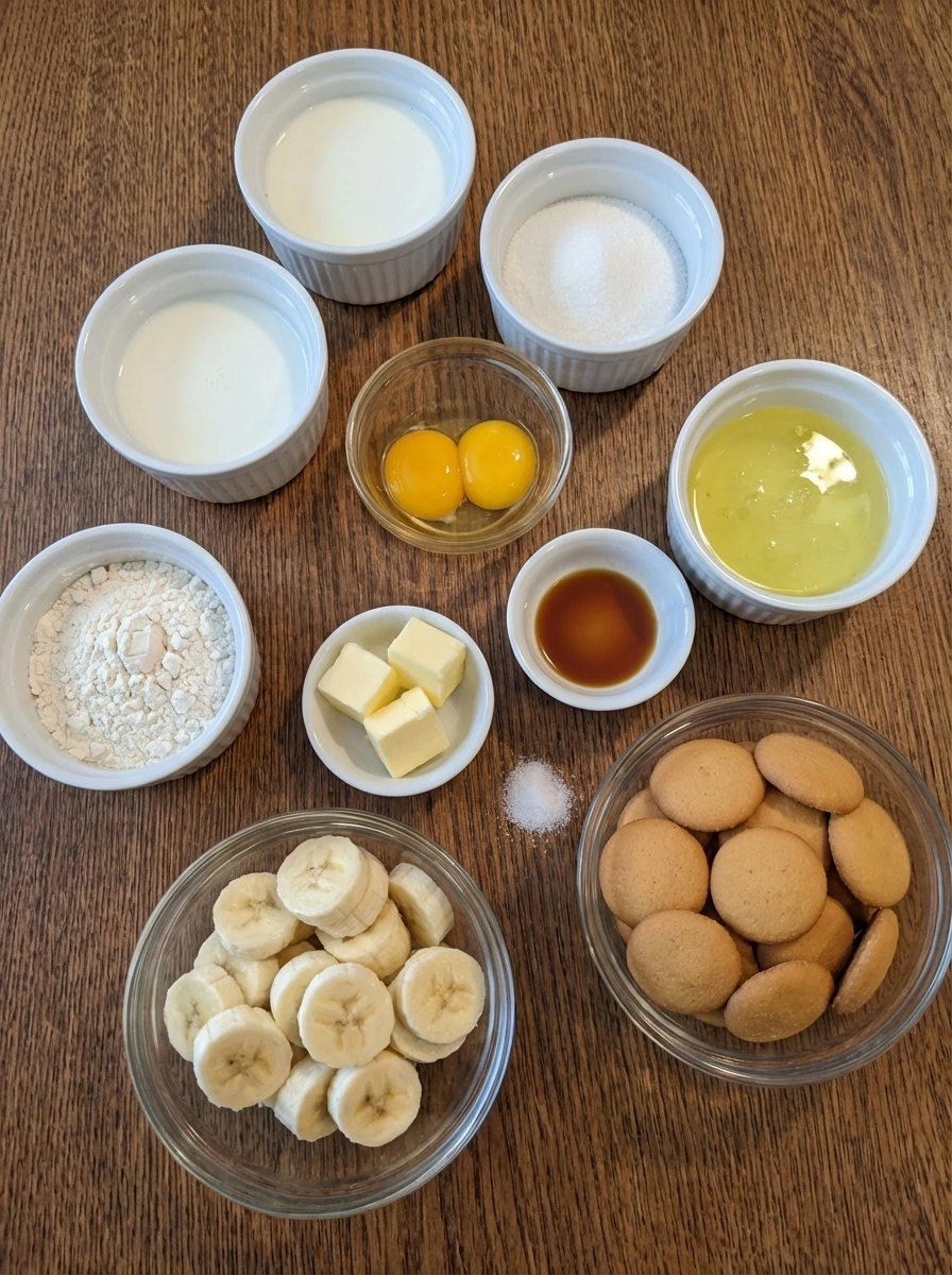 Ingredients for Classic Banana Pudding in separate small containers