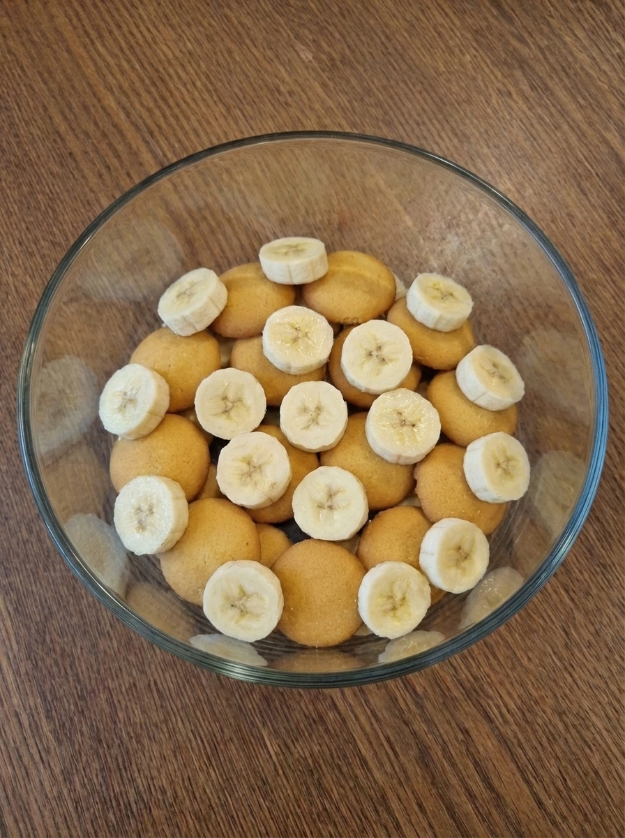Vanilla wafers and banana slices layered in a trifle dish