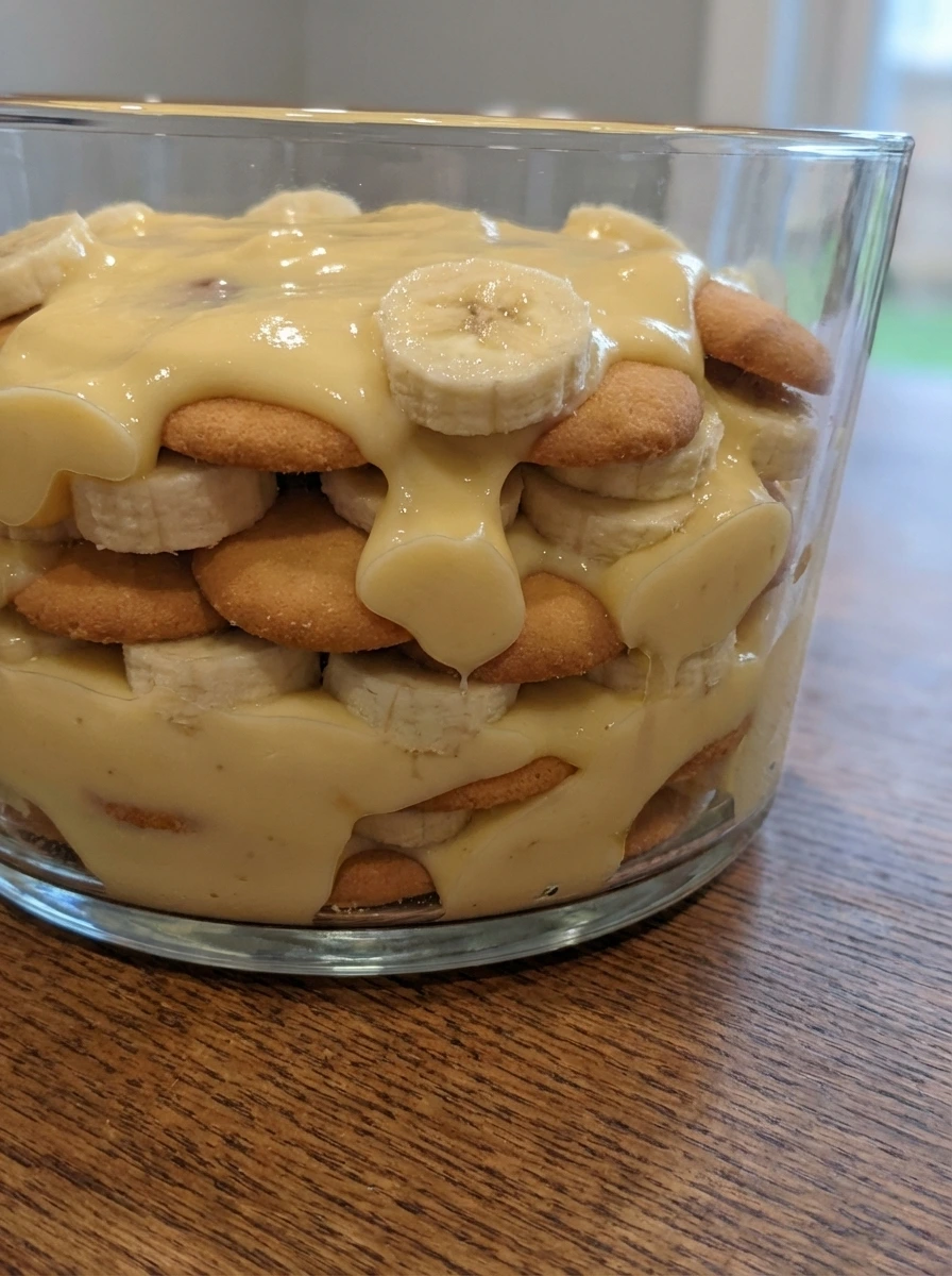 Layered banana pudding in a trifle dish before topping