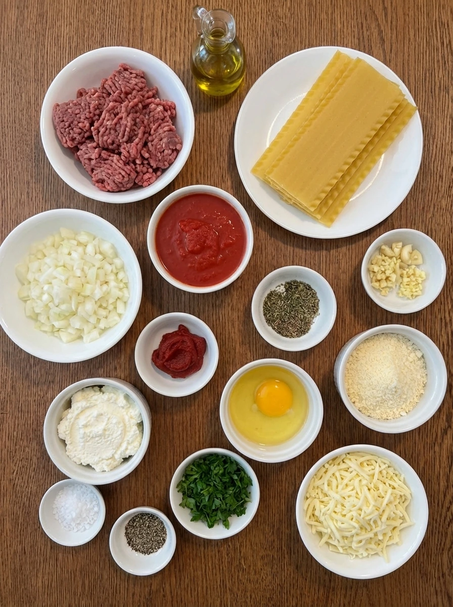 Ingredients for Classic Beef Lasagna in separate small white containers