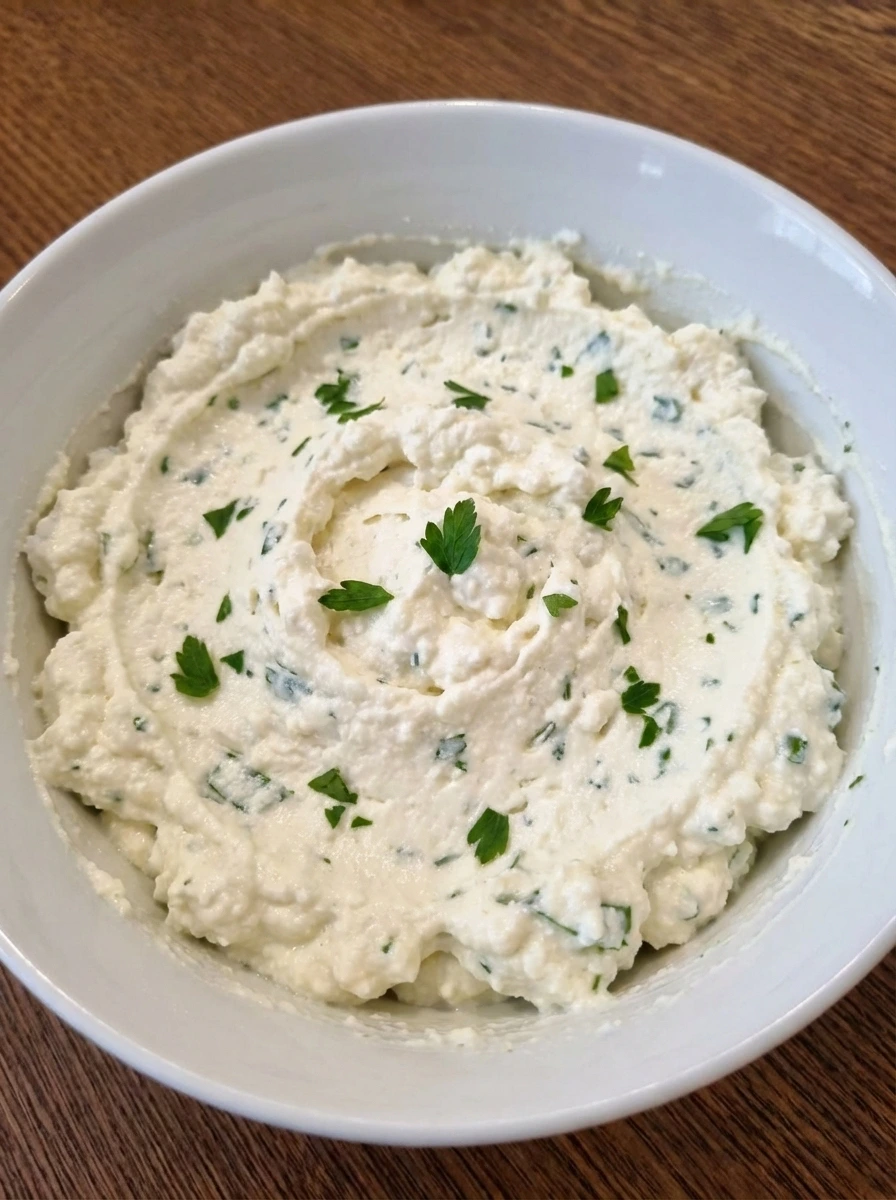 Ricotta filling with parsley flecks in a natural white dish
