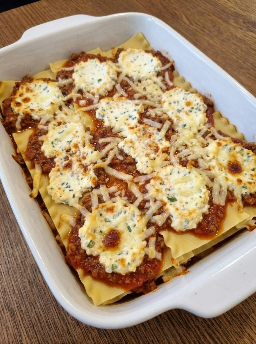 Baked lasagna with melted cheese and browned patches in a natural white dish