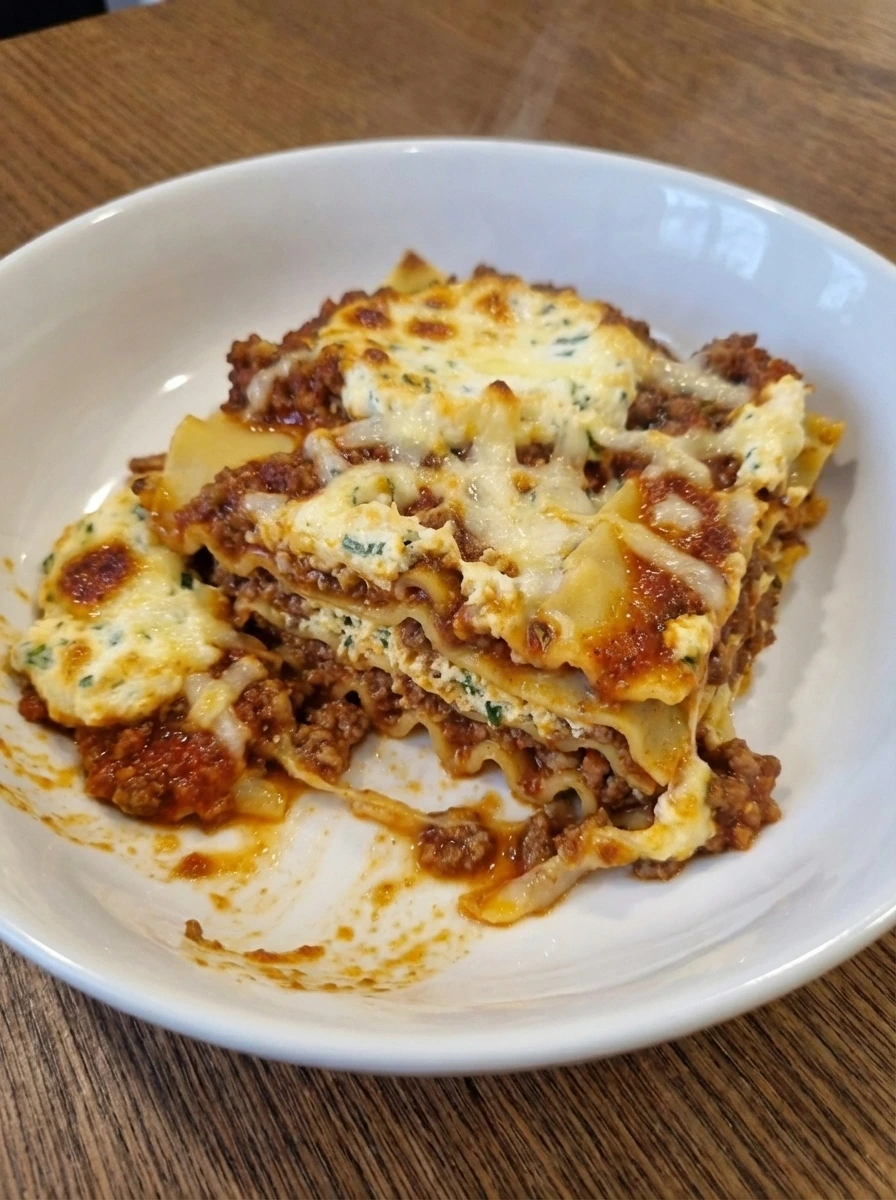 Served Classic Beef Lasagna with visible layers and melted browned cheese in a natural white dish