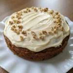 Classic Carrot Cake with cream cheese frosting and chopped walnuts on a serving plate.