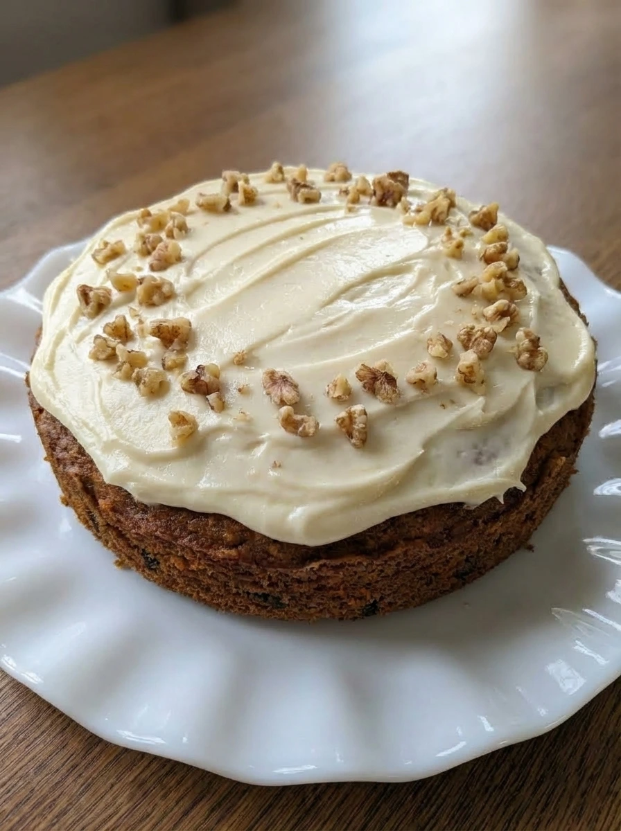 Classic Carrot Cake with cream cheese frosting and chopped walnuts on a serving plate.