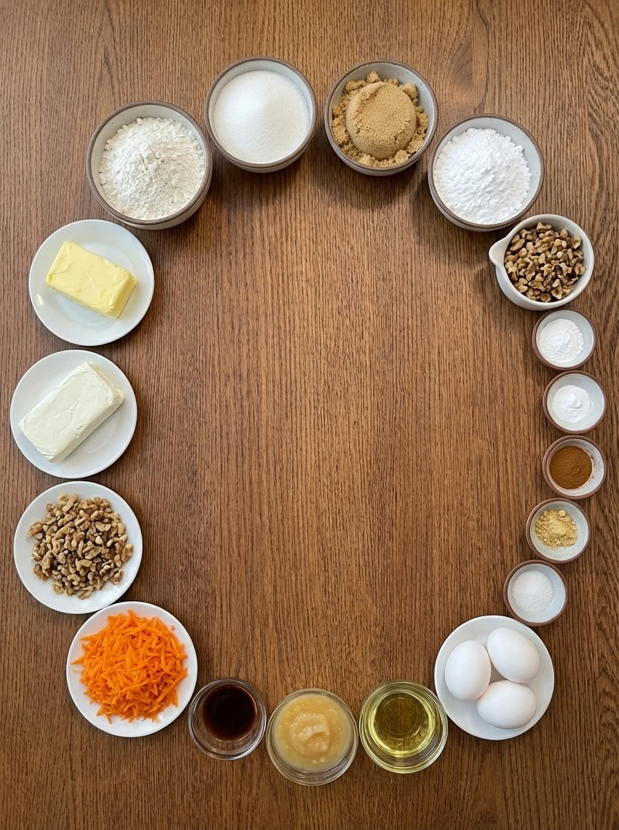 Raw ingredients for Classic Carrot Cake arranged in separate small containers.