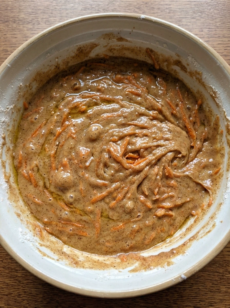 Spiced carrot cake batter with visible grated carrots in a mixing bowl.