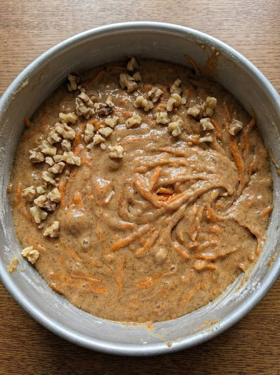 Carrot cake batter in a cake pan with chopped walnuts on top.