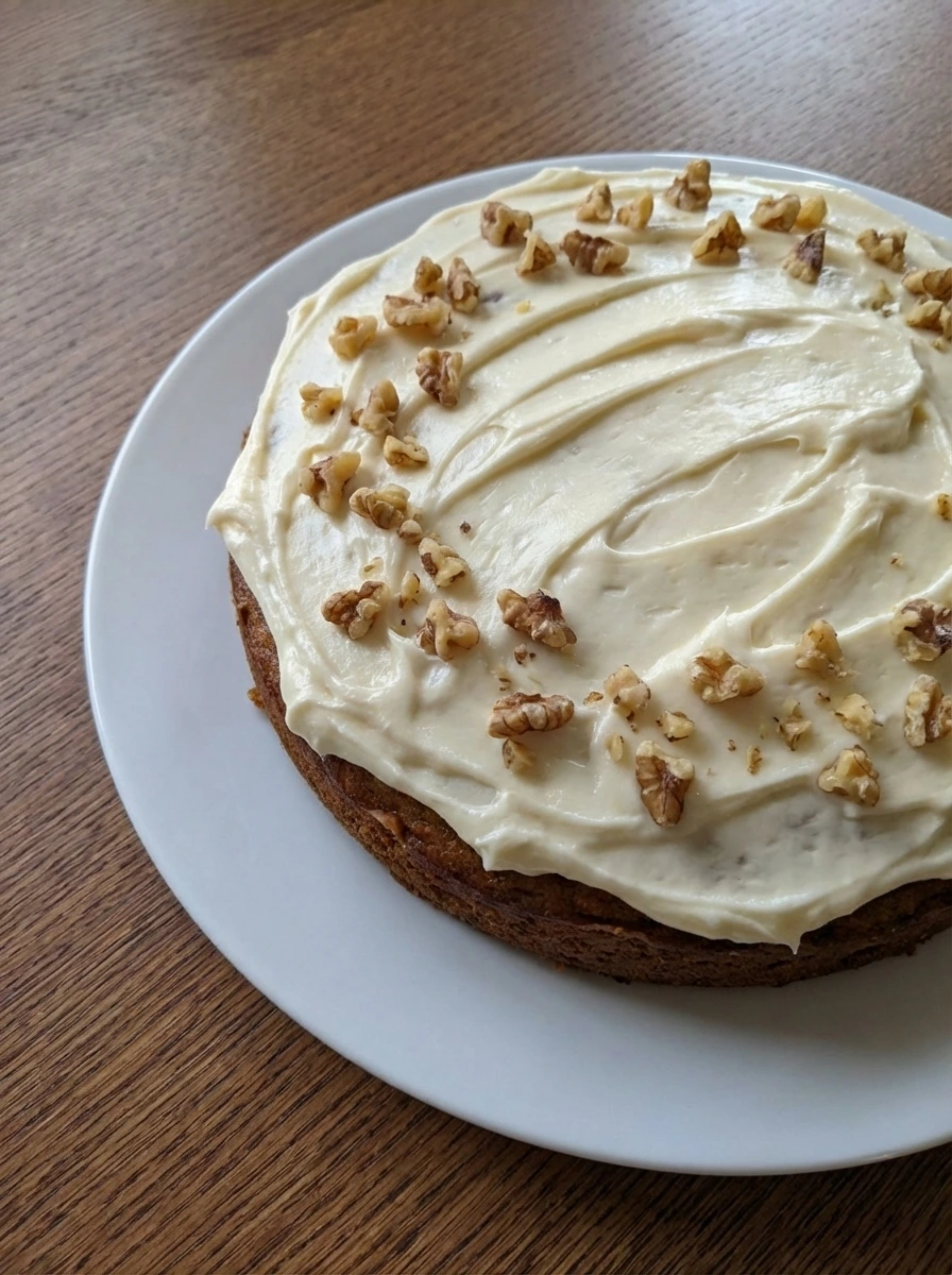 Carrot cake covered with cream cheese frosting and walnut pieces.
