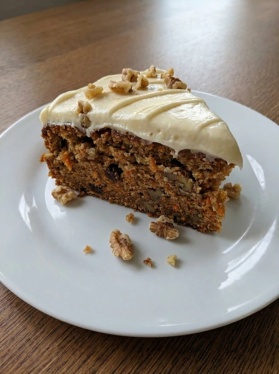 Single slice of Classic Carrot Cake with cream cheese frosting on a white plate.