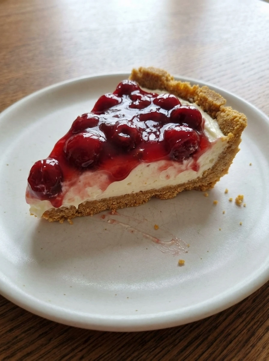 Classic Cherry Delight with creamy layers and glossy cherry topping on a round white stoneware dessert plate