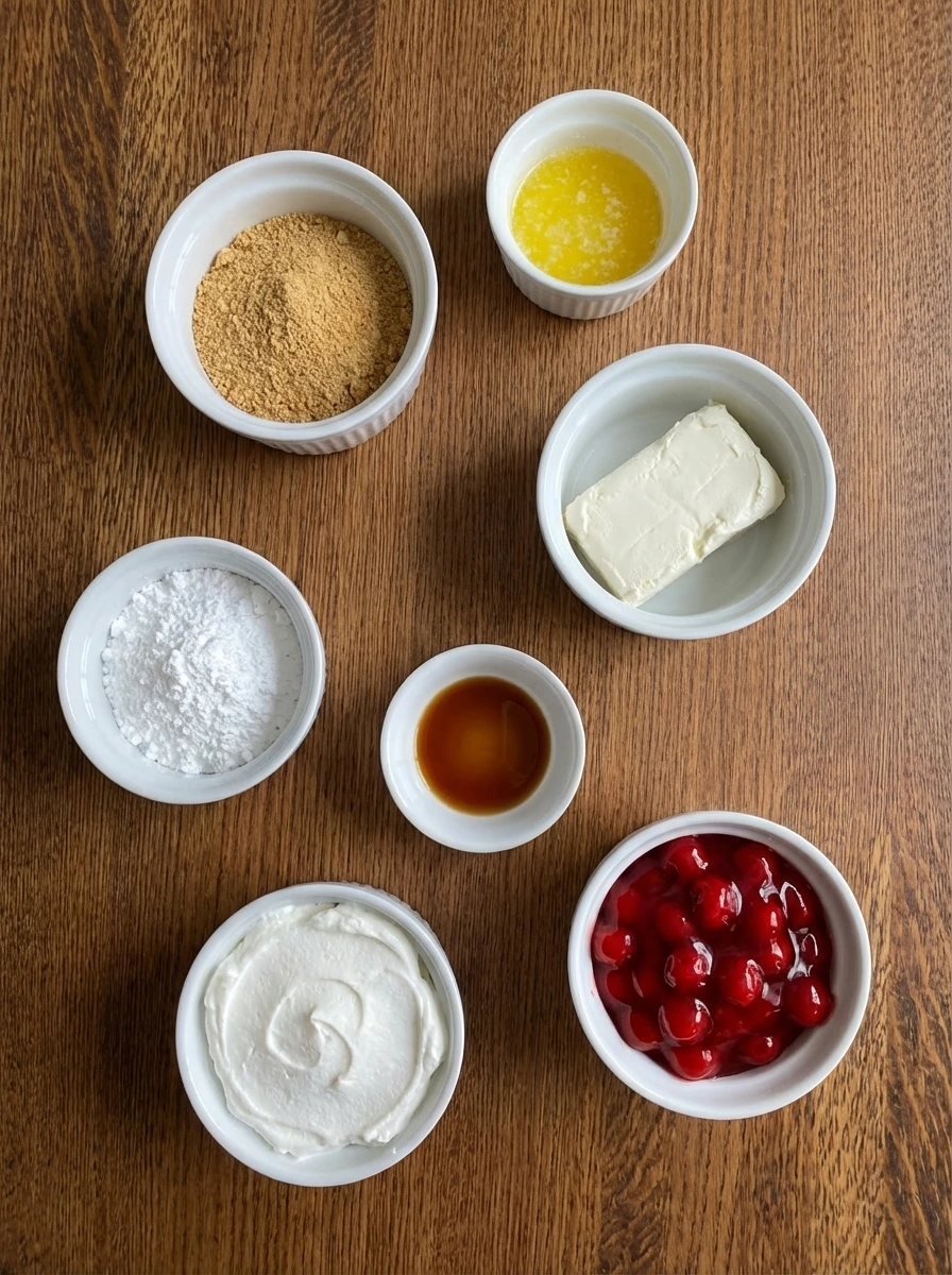 Ingredients for Classic Cherry Delight in separate small white ramekins