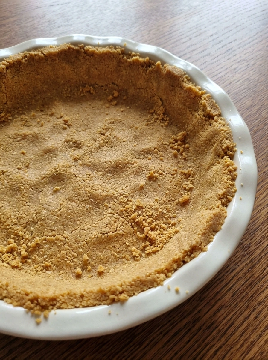 Buttery graham crumb crust pressed into a natural white dish with uneven edges