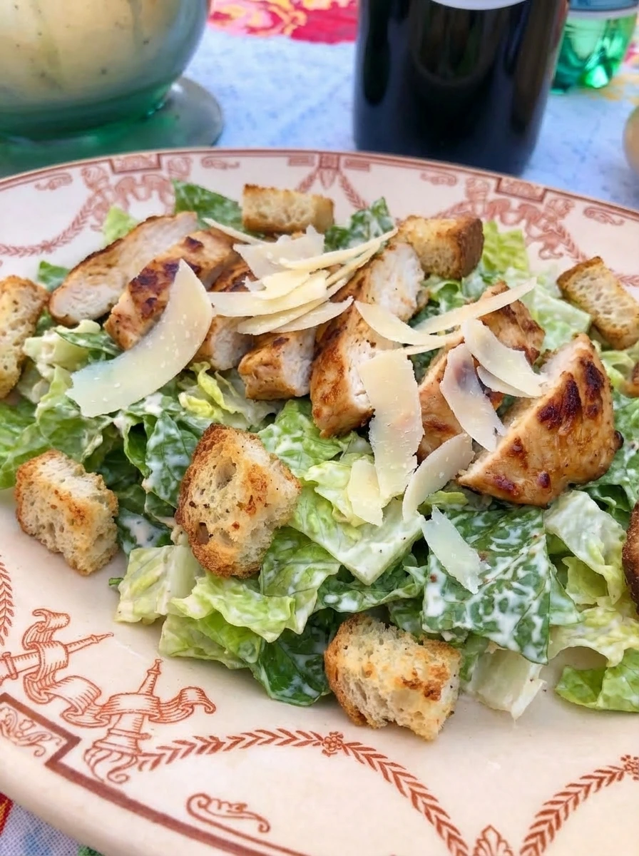 Classic Chicken Caesar Salad on a white ceramic plate with golden chicken creamy dressing croutons and Parmesan