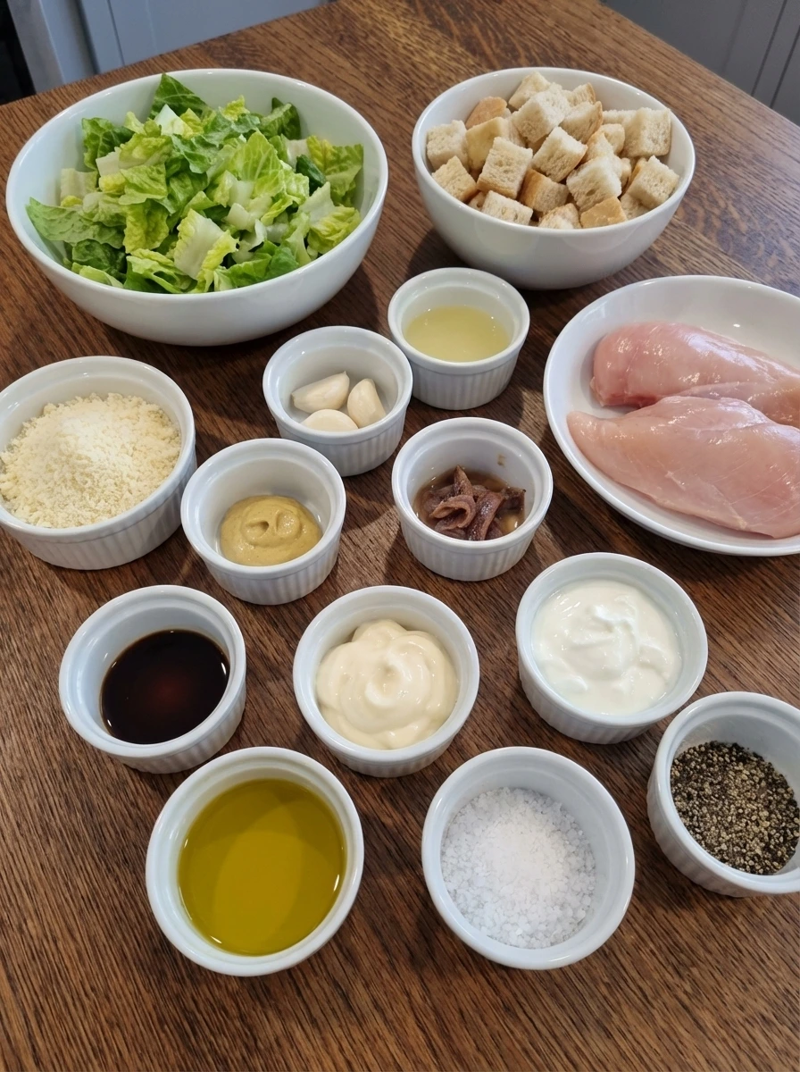 Ingredients for Classic Chicken Caesar Salad in separate small containers