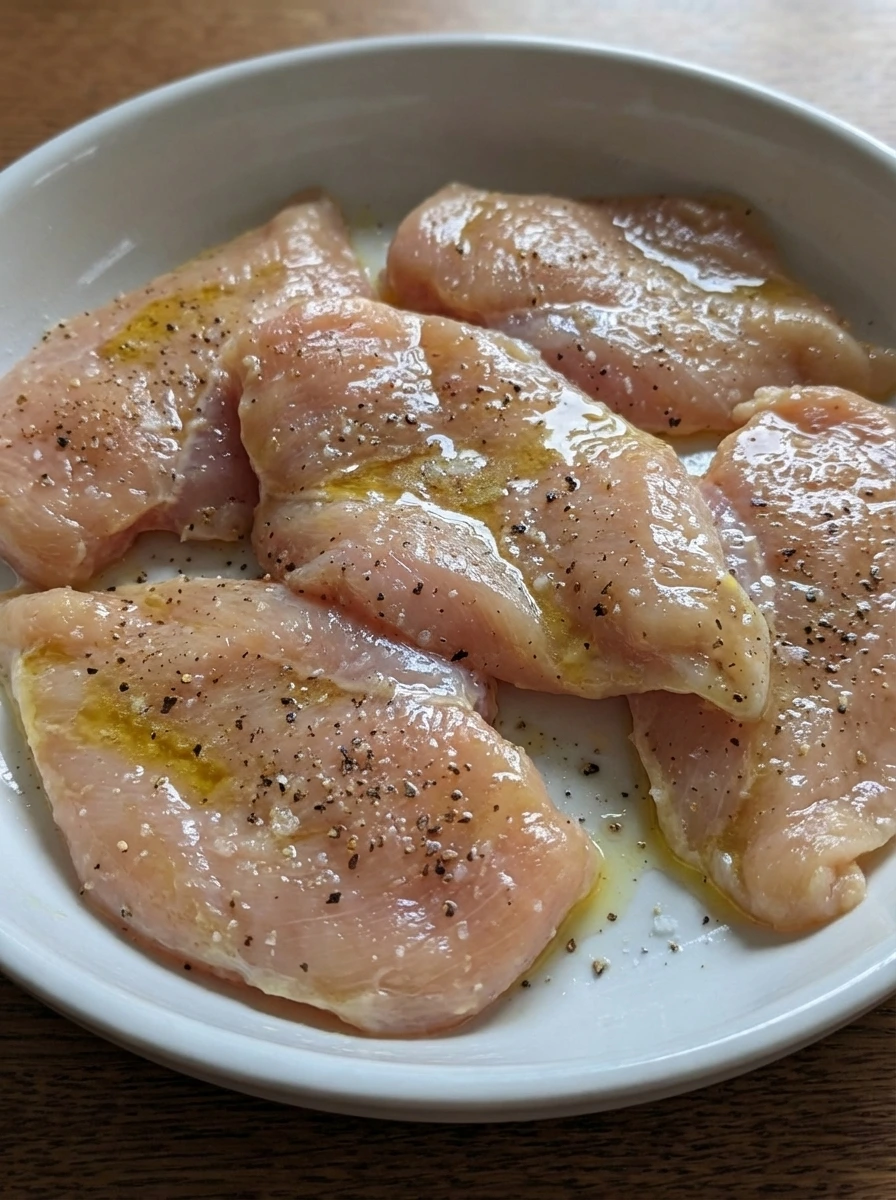 Seasoned chicken cutlets coated with oil lemon salt and pepper