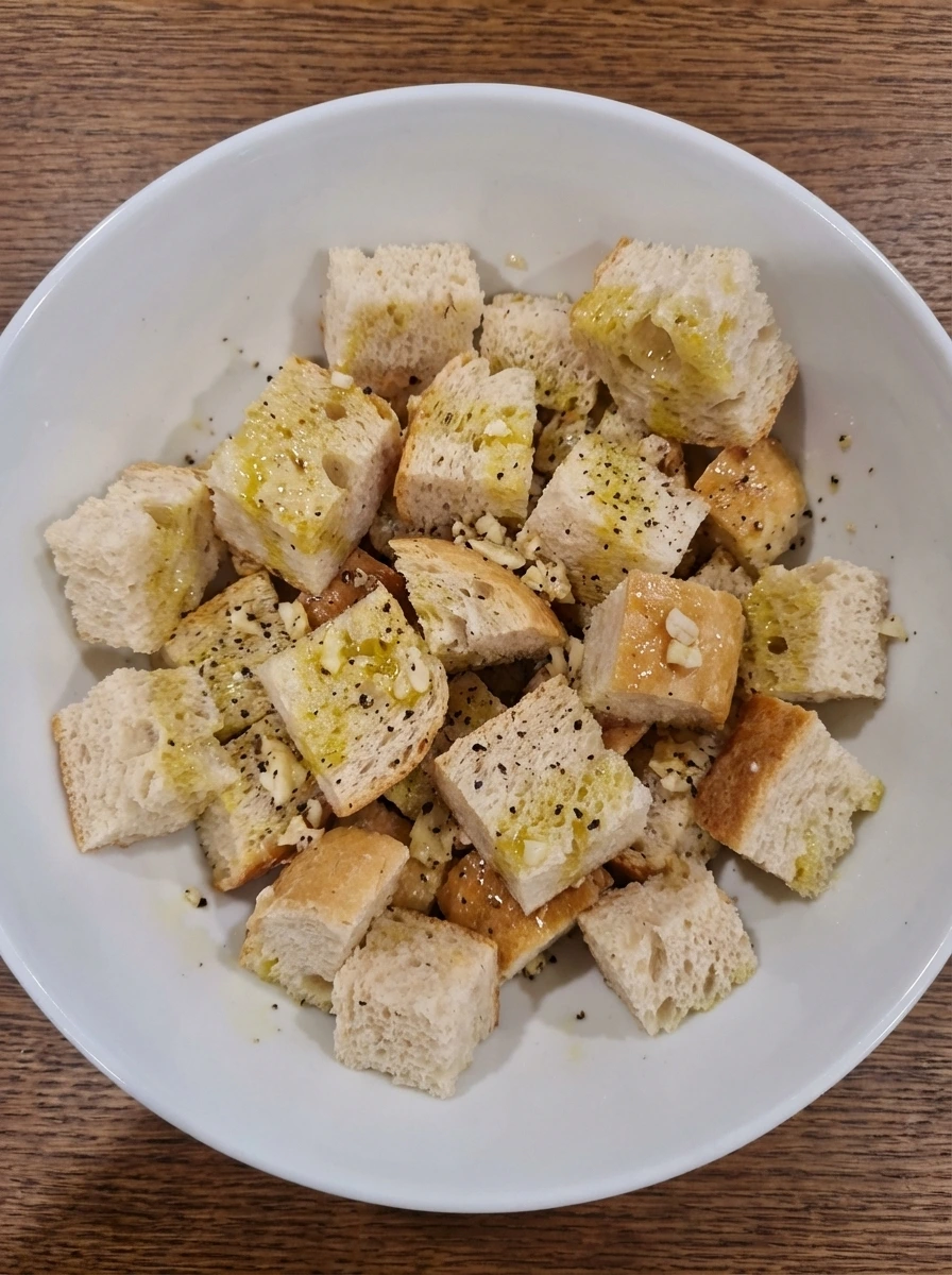 Bread cubes coated with oil garlic and seasoning for croutons
