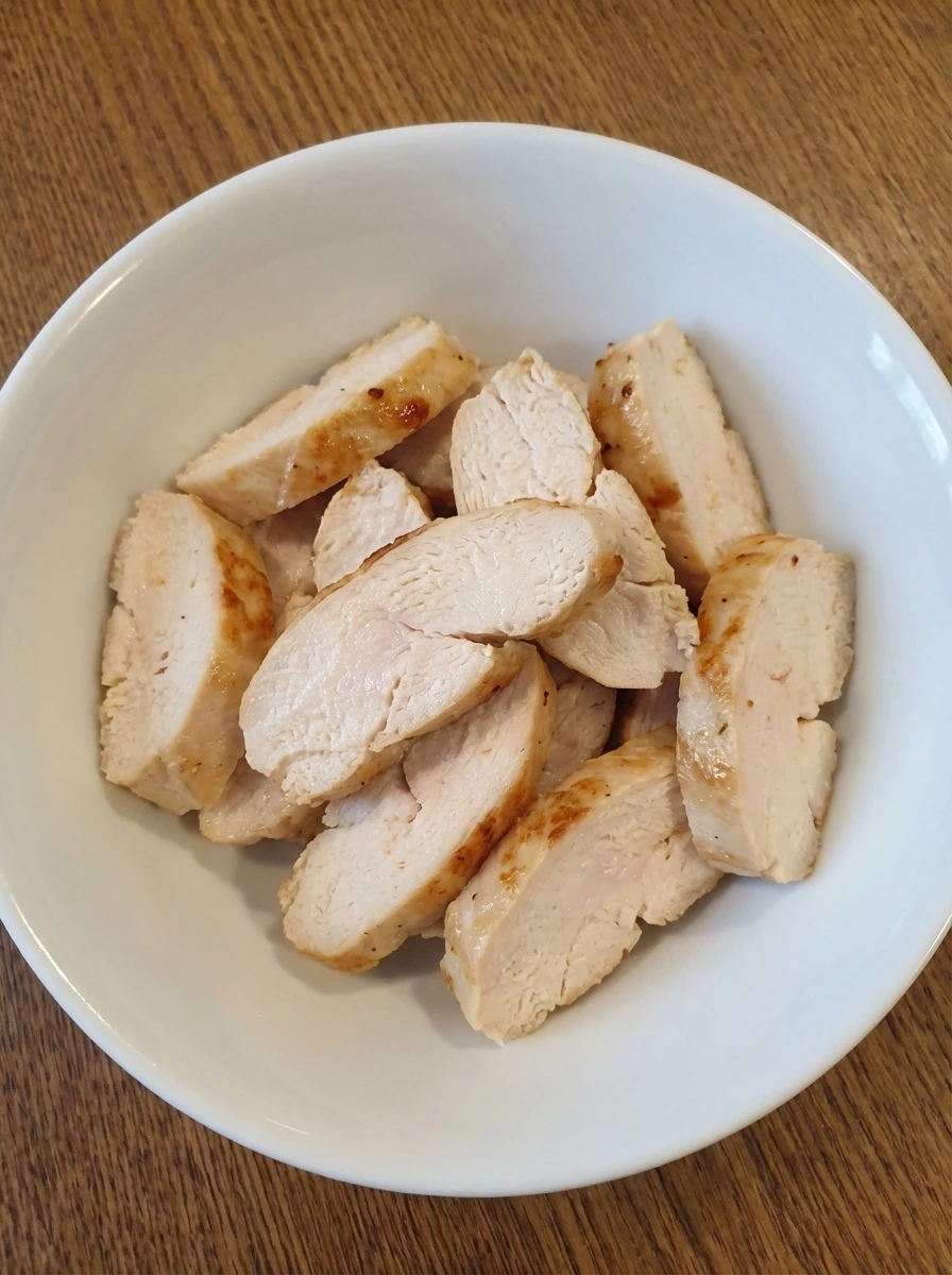 Cooked sliced chicken with golden brown edges for Caesar salad