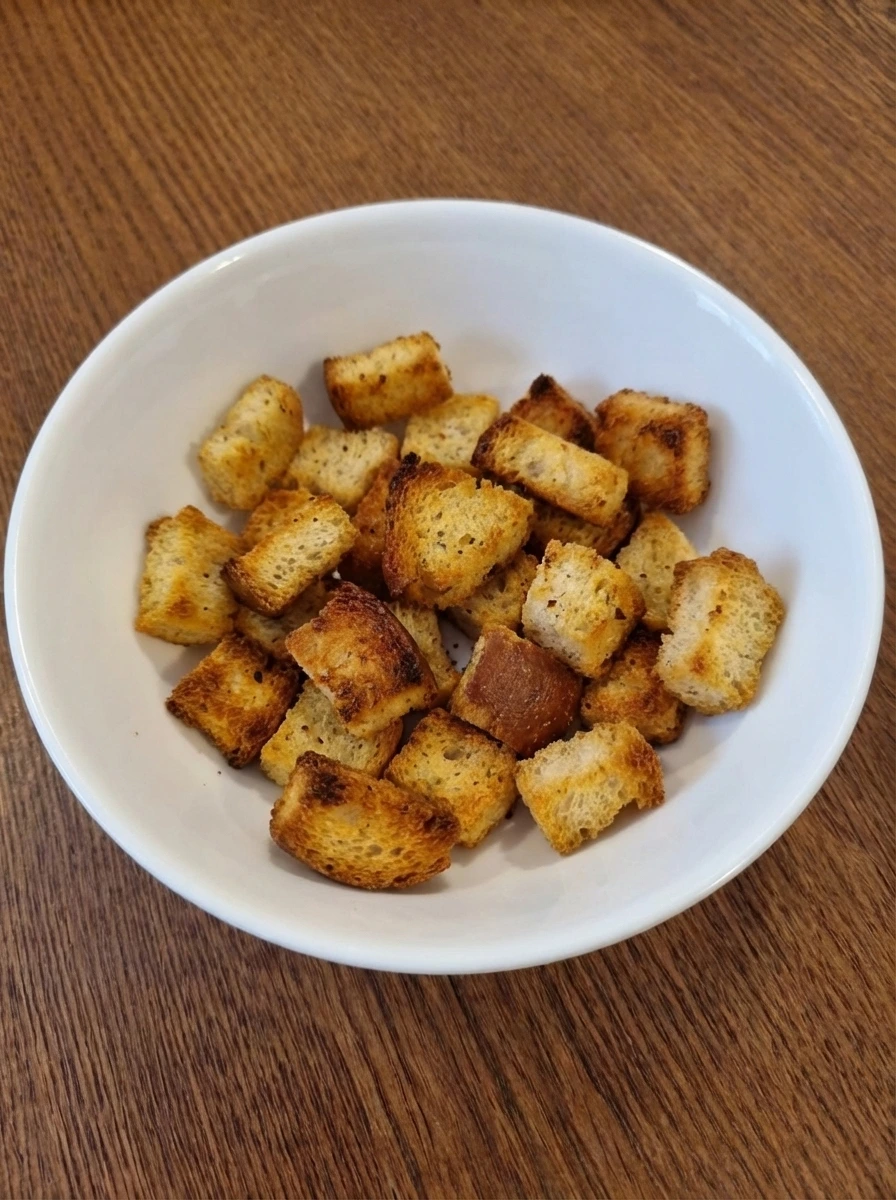 Golden brown homemade croutons for Classic Chicken Caesar Salad