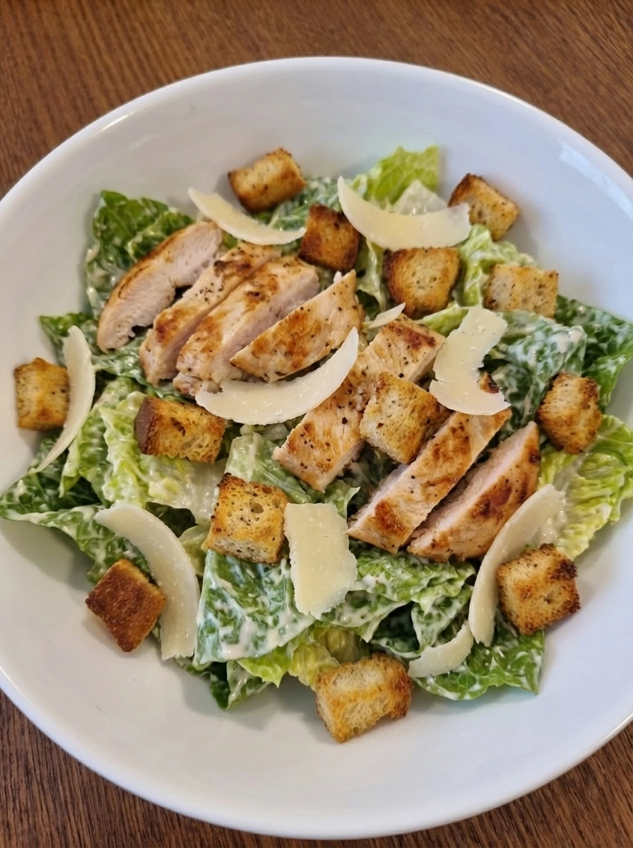 Assembled Chicken Caesar Salad in a white bowl with chicken croutons and Parmesan