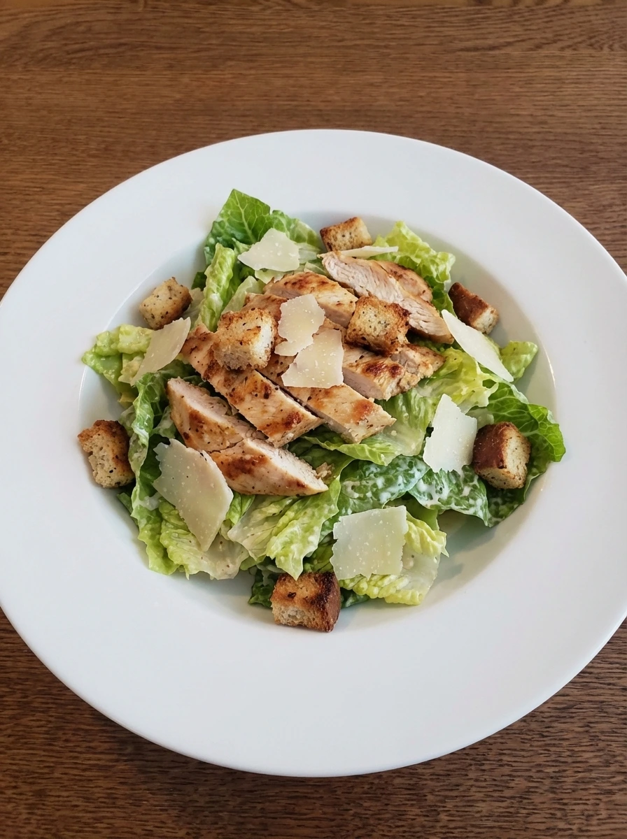 Plated Classic Chicken Caesar Salad with golden chicken croutons and creamy dressing