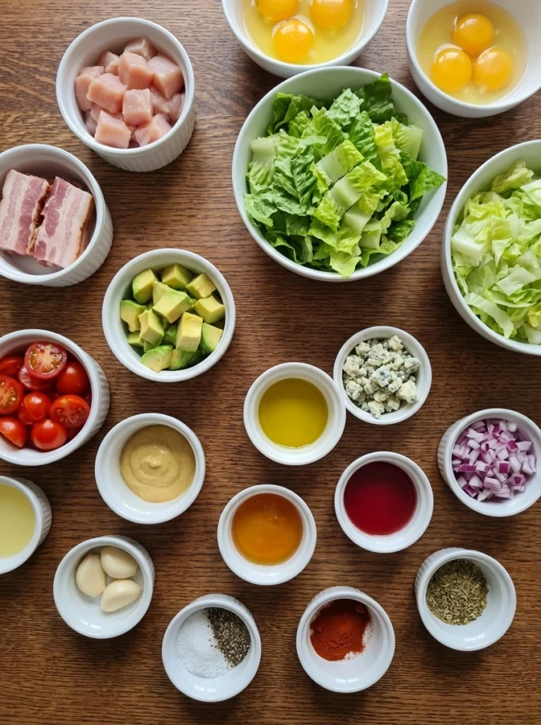 Ingredients for Classic Cobb Salad in separate small containers