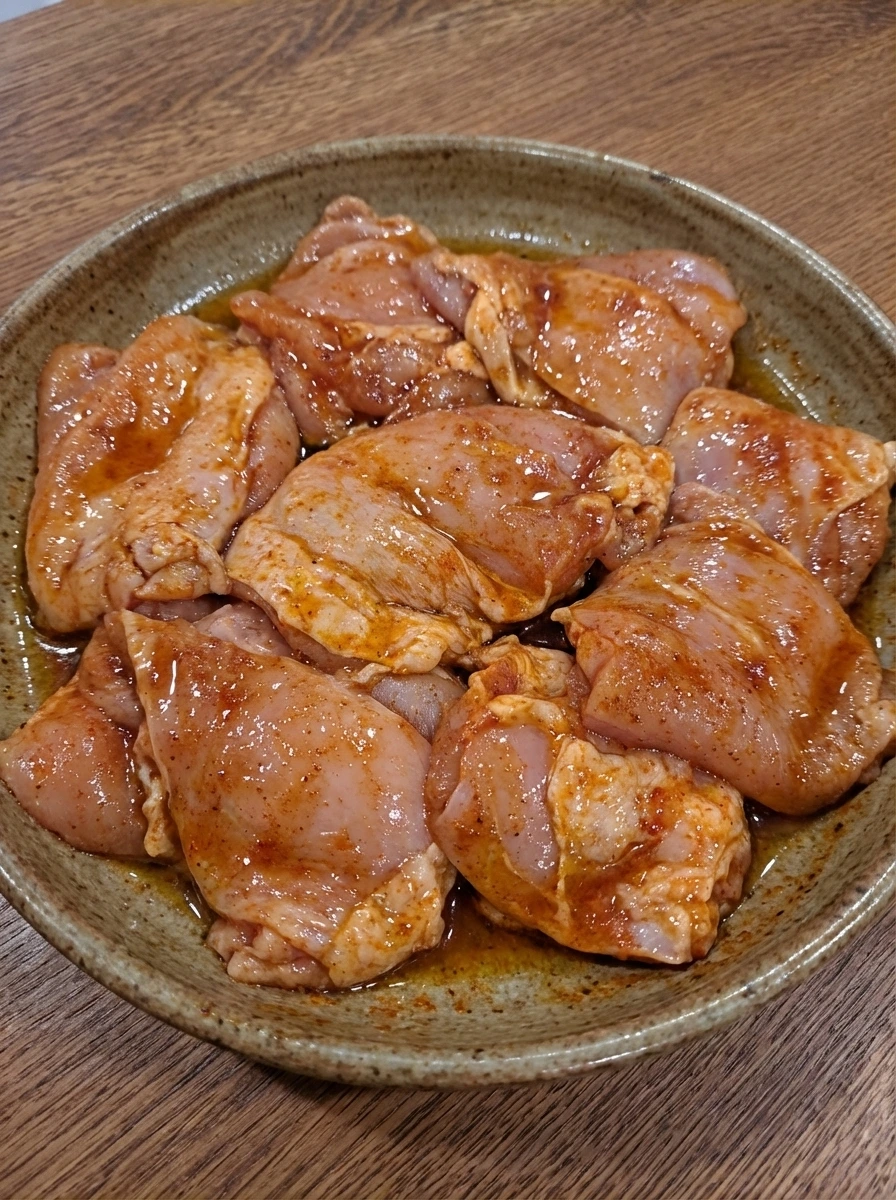 Seasoned raw chicken in a shallow dish