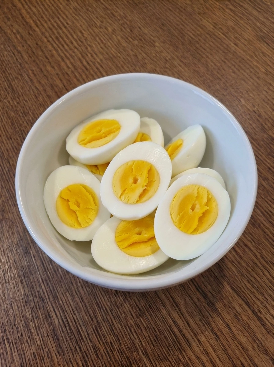 Halved hard cooked eggs for Cobb Salad