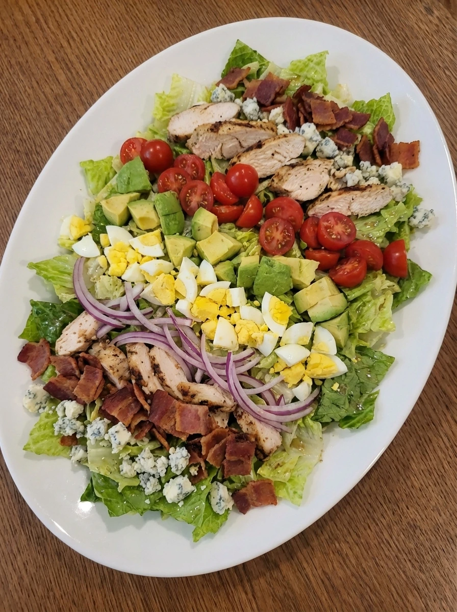 Classic Cobb Salad layered on a platter before final drizzle