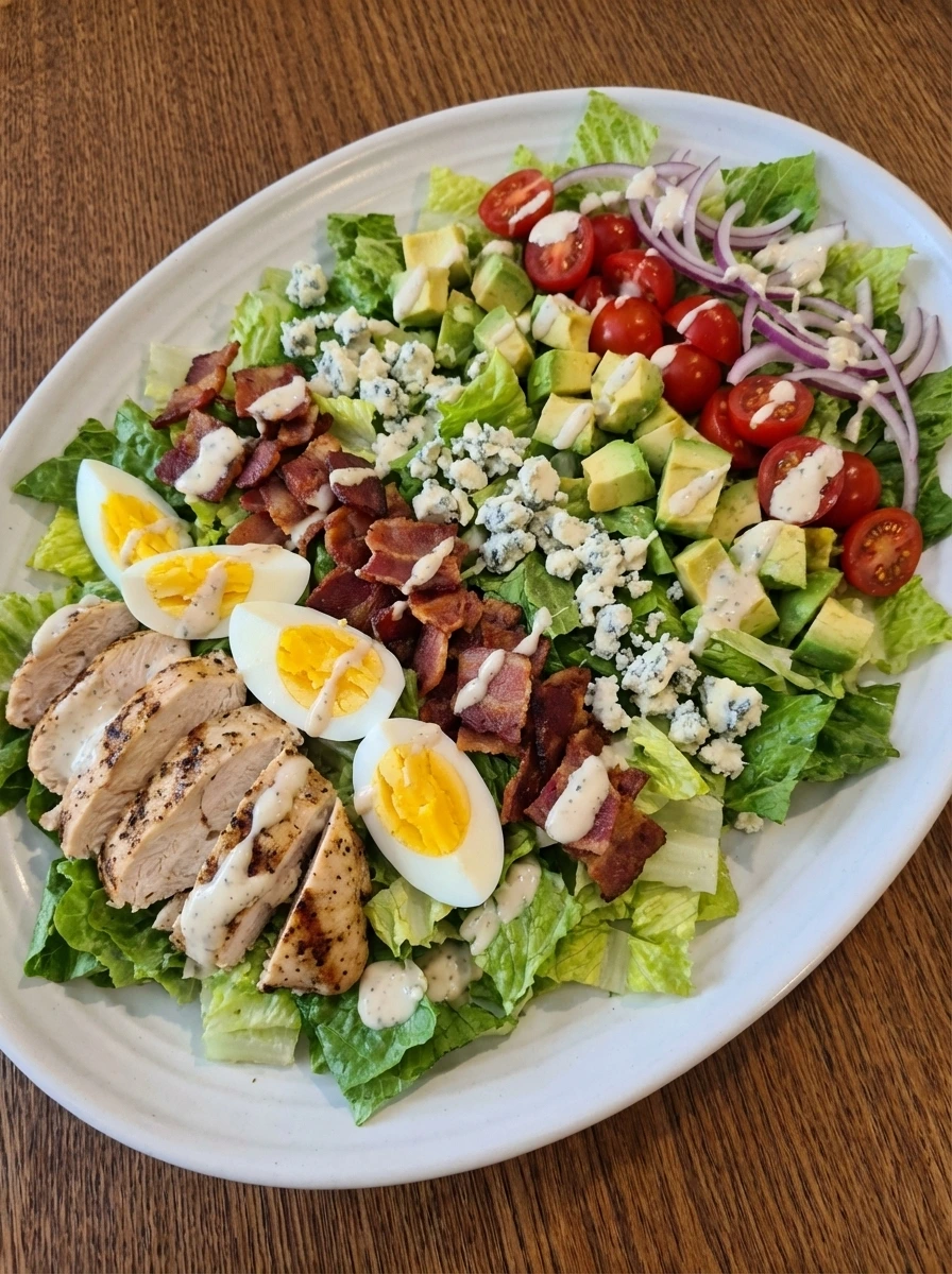 Finished Classic Cobb Salad plated and ready to serve