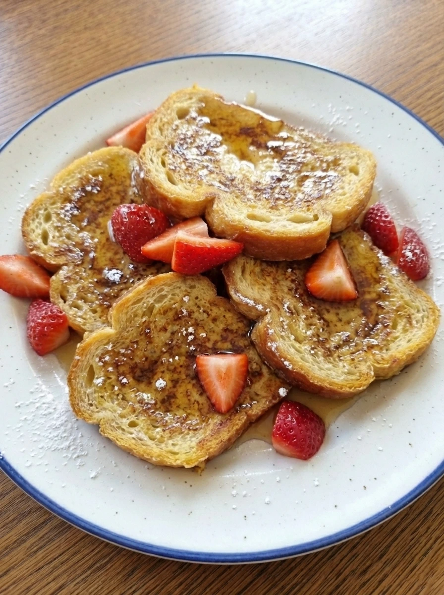 Classic French Toast on a white blue rim plate with golden brown slices syrup and strawberries