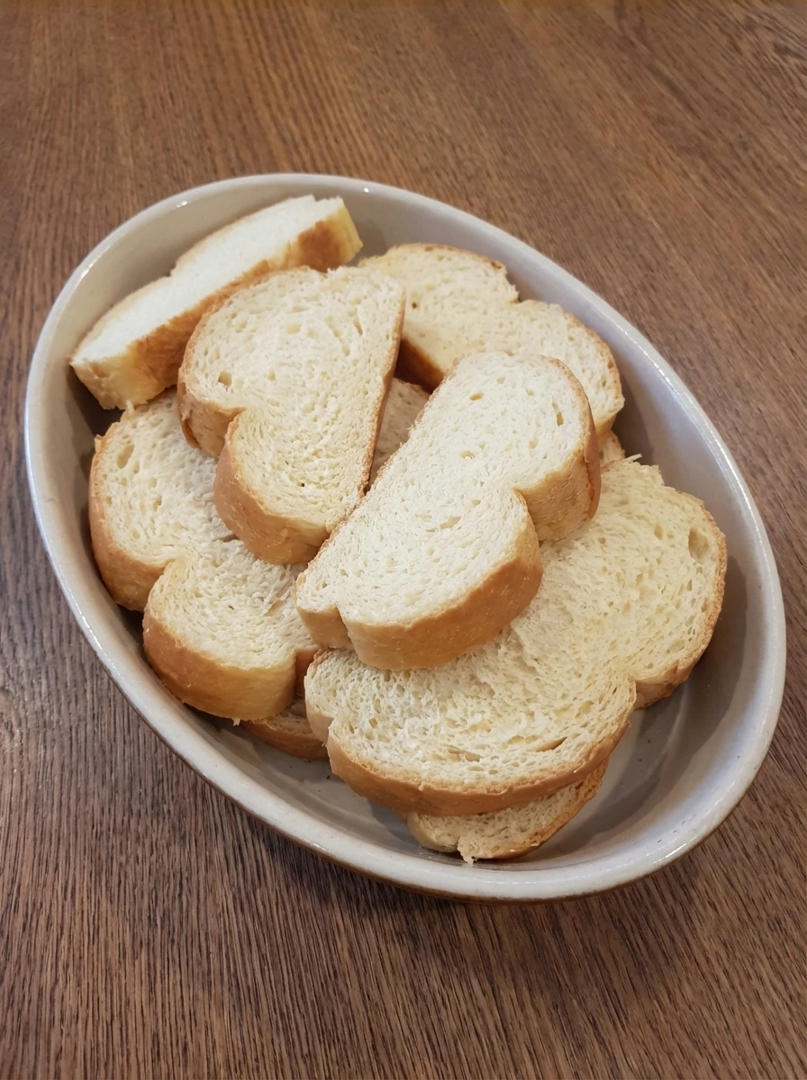 Thick brioche slices in a shallow dish for Classic French Toast