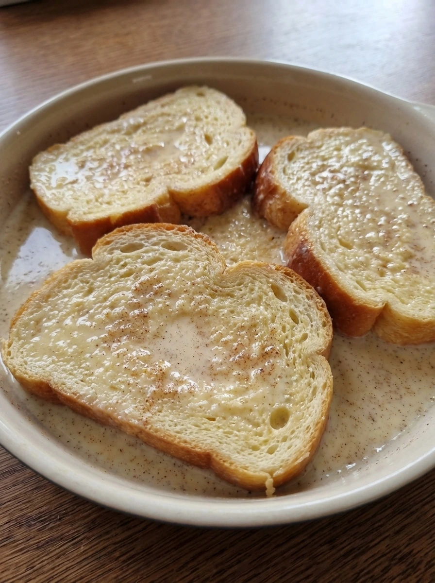 Brioche fully coated in cinnamon custard for Classic French Toast