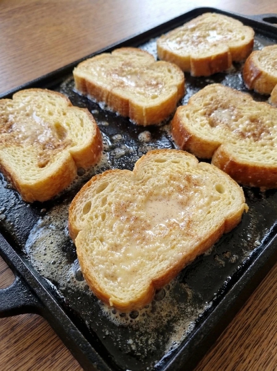 French toast slices starting to brown in melted butter
