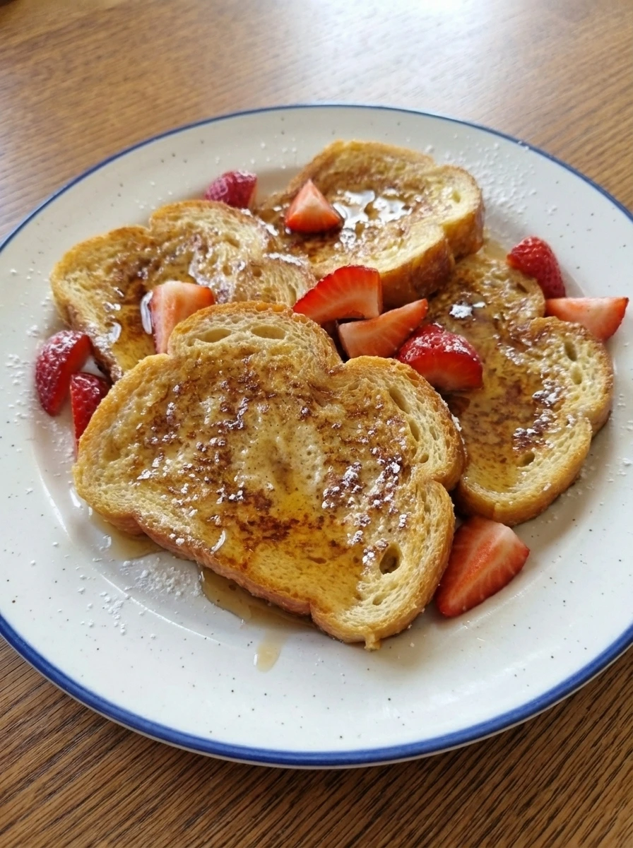 Plated Classic French Toast with syrup strawberries and powdered sugar