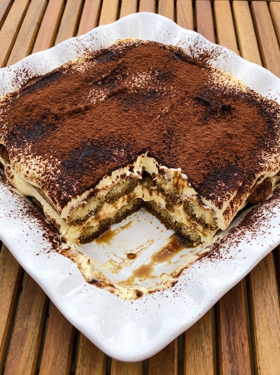 Classic Italian Tiramisu with cocoa dusting and visible creamy layers.