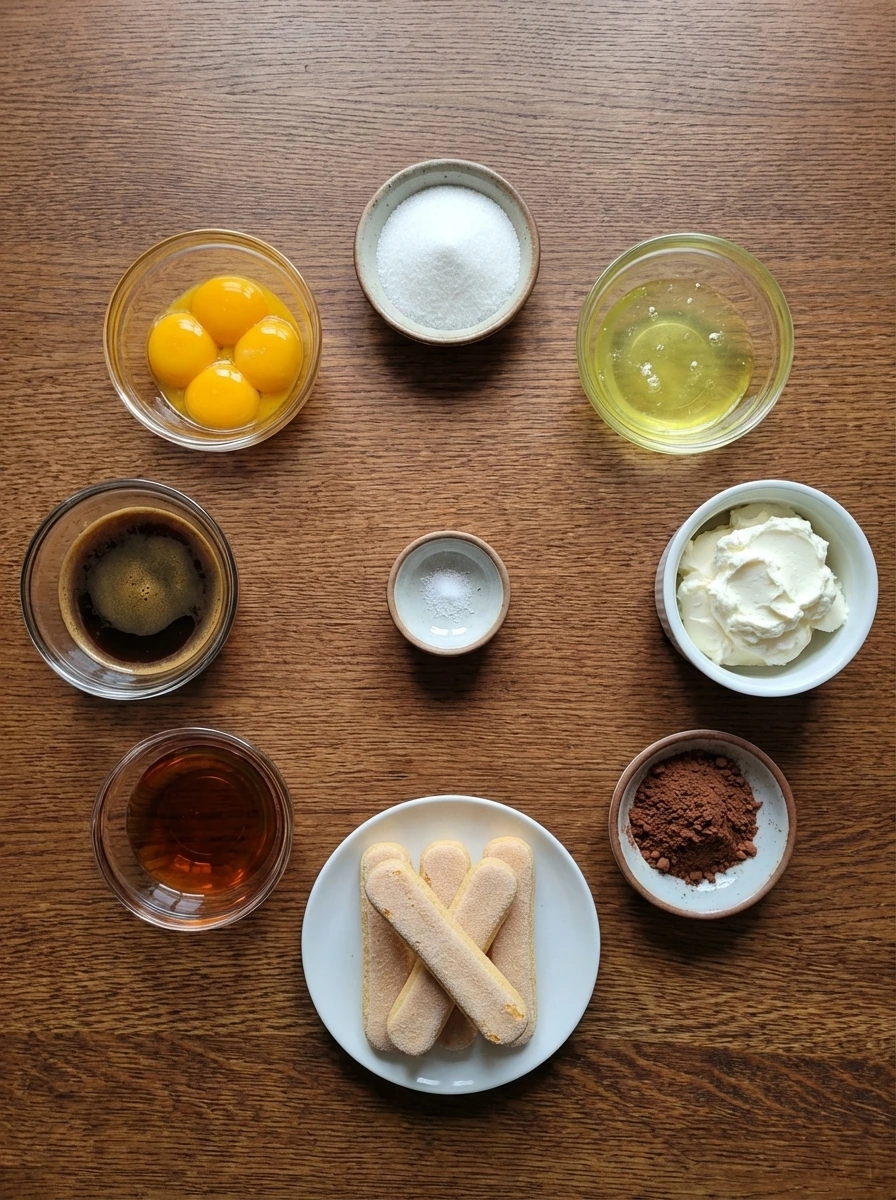 Ingredients for Classic Italian Tiramisu in separate small containers.