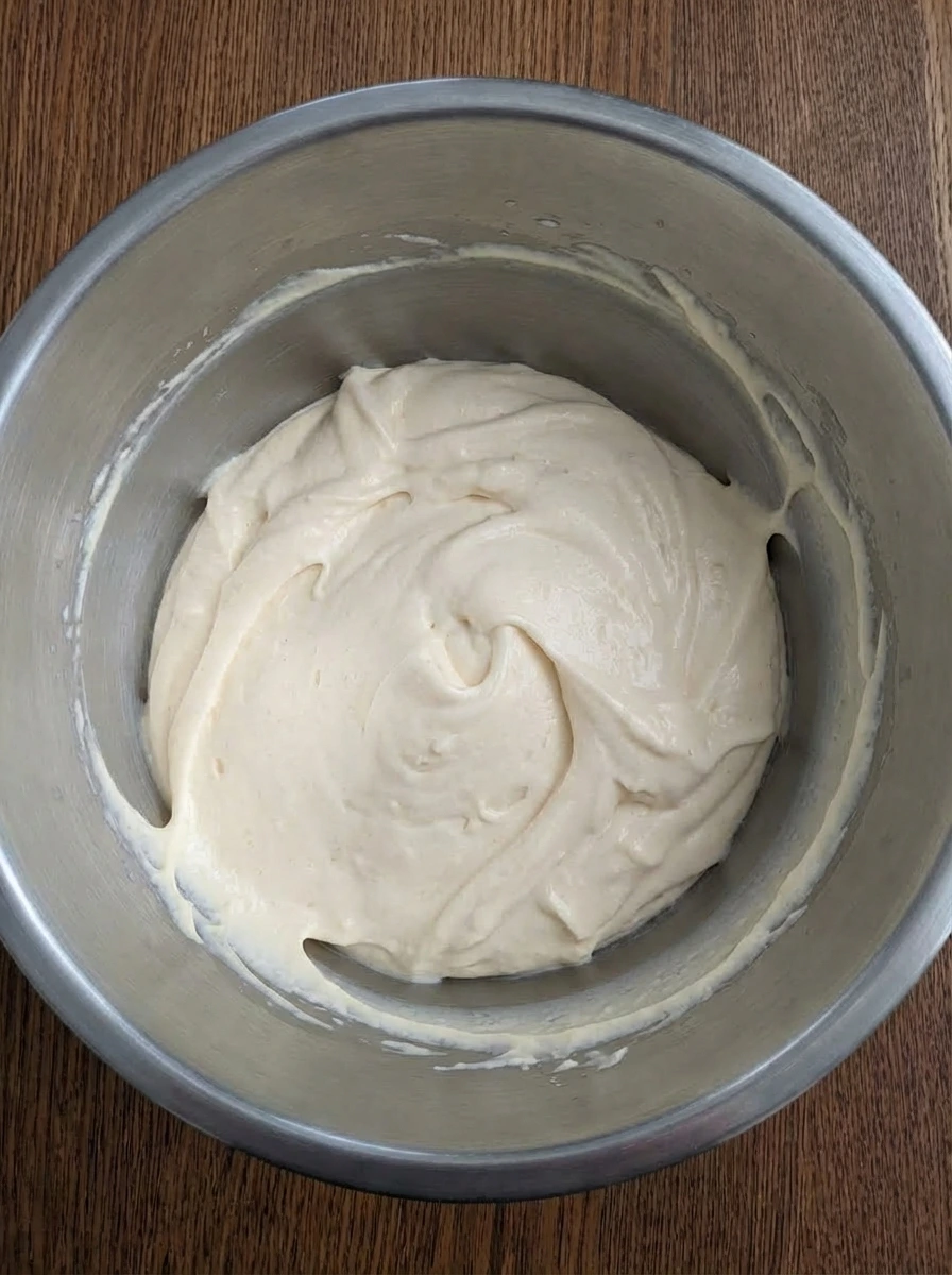 Mascarpone folded into yolk mixture for tiramisu.