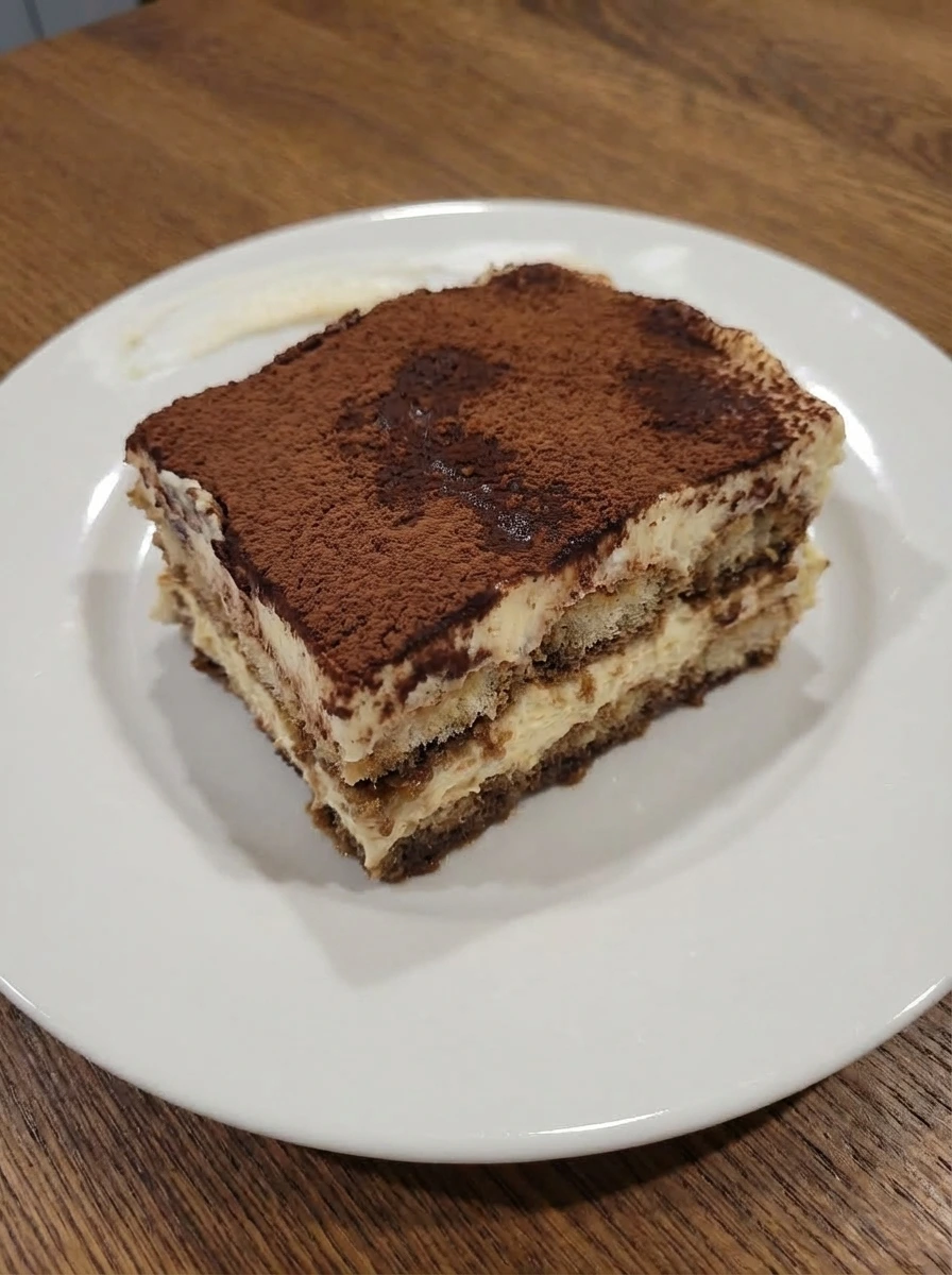 Finished slice of Classic Italian Tiramisu with cocoa dusting.