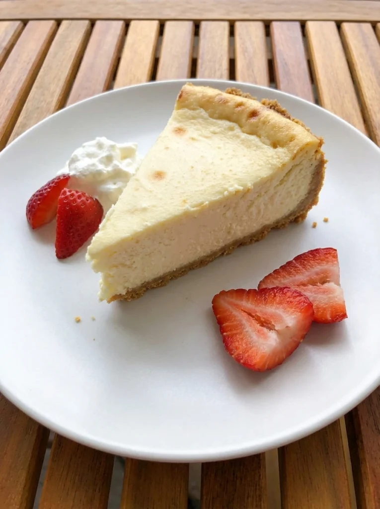 Classic New York Cheesecake slice on a white ceramic dessert plate with strawberries and whipped cream
