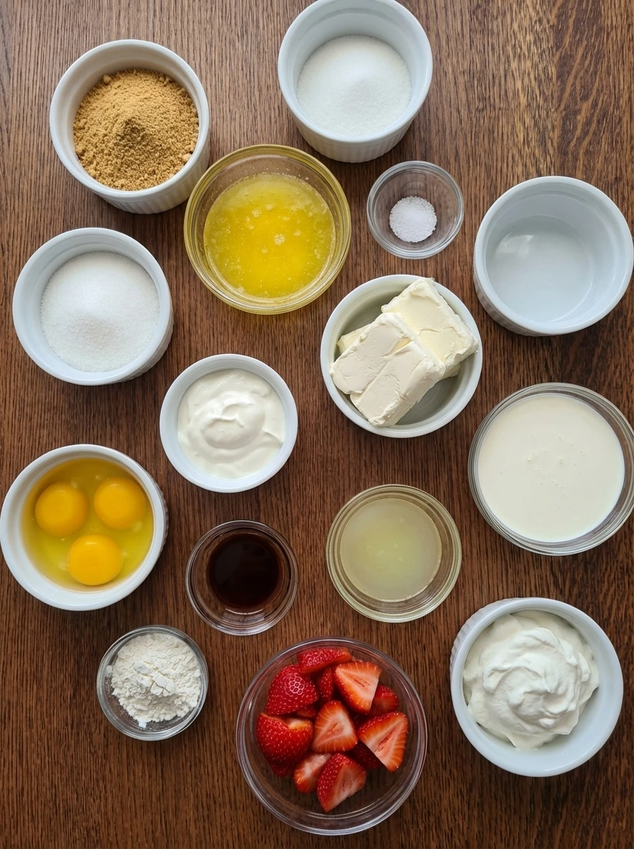 Ingredients for Classic New York Cheesecake in separate small containers