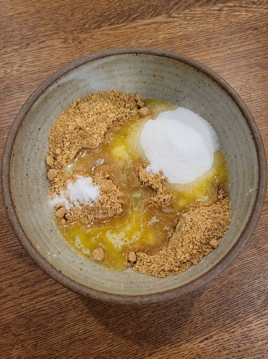 Measured graham cracker crumbs sugar butter and salt in a bowl before mixing