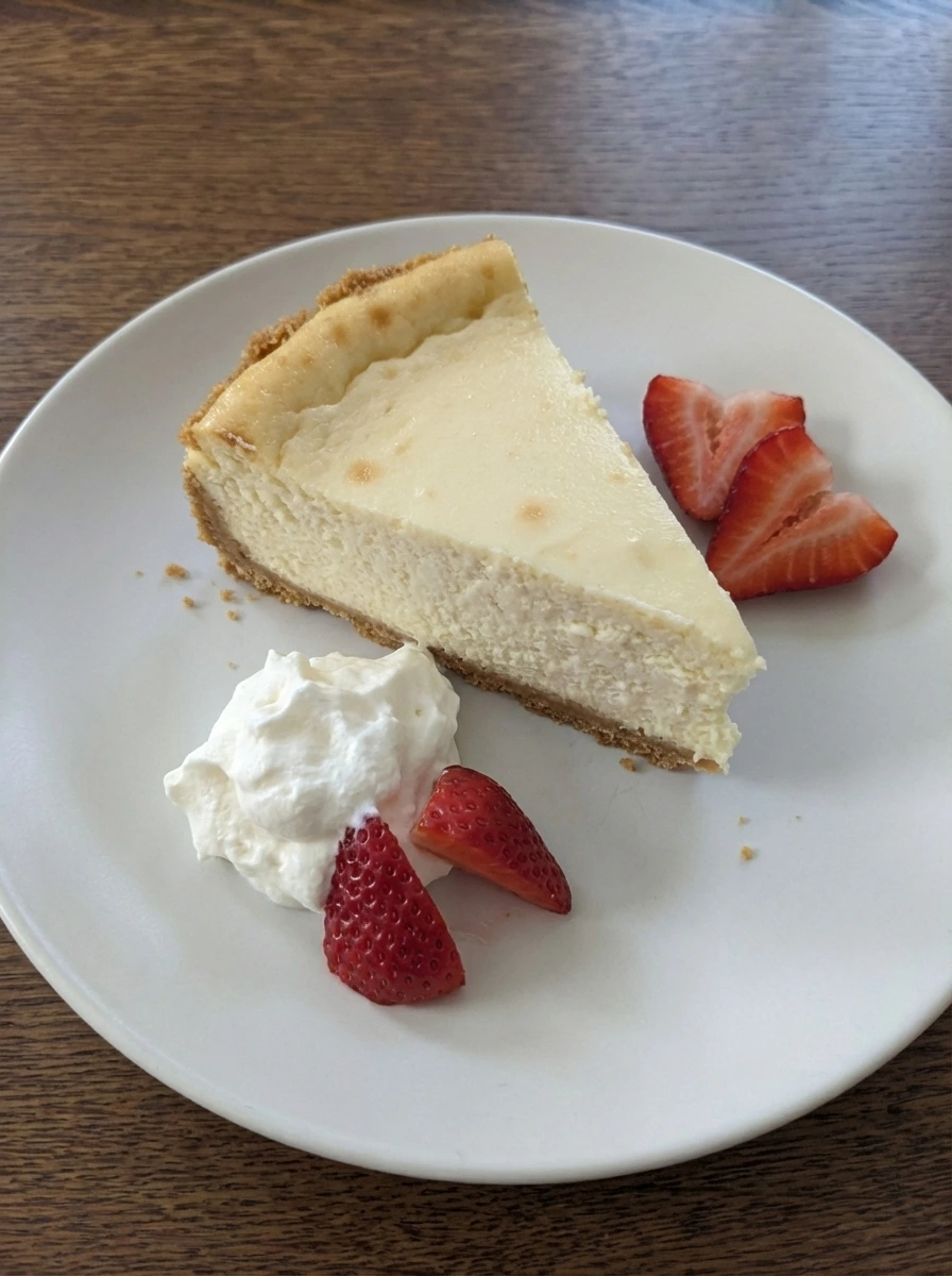 Plated slice of Classic New York Cheesecake with whipped cream and strawberries